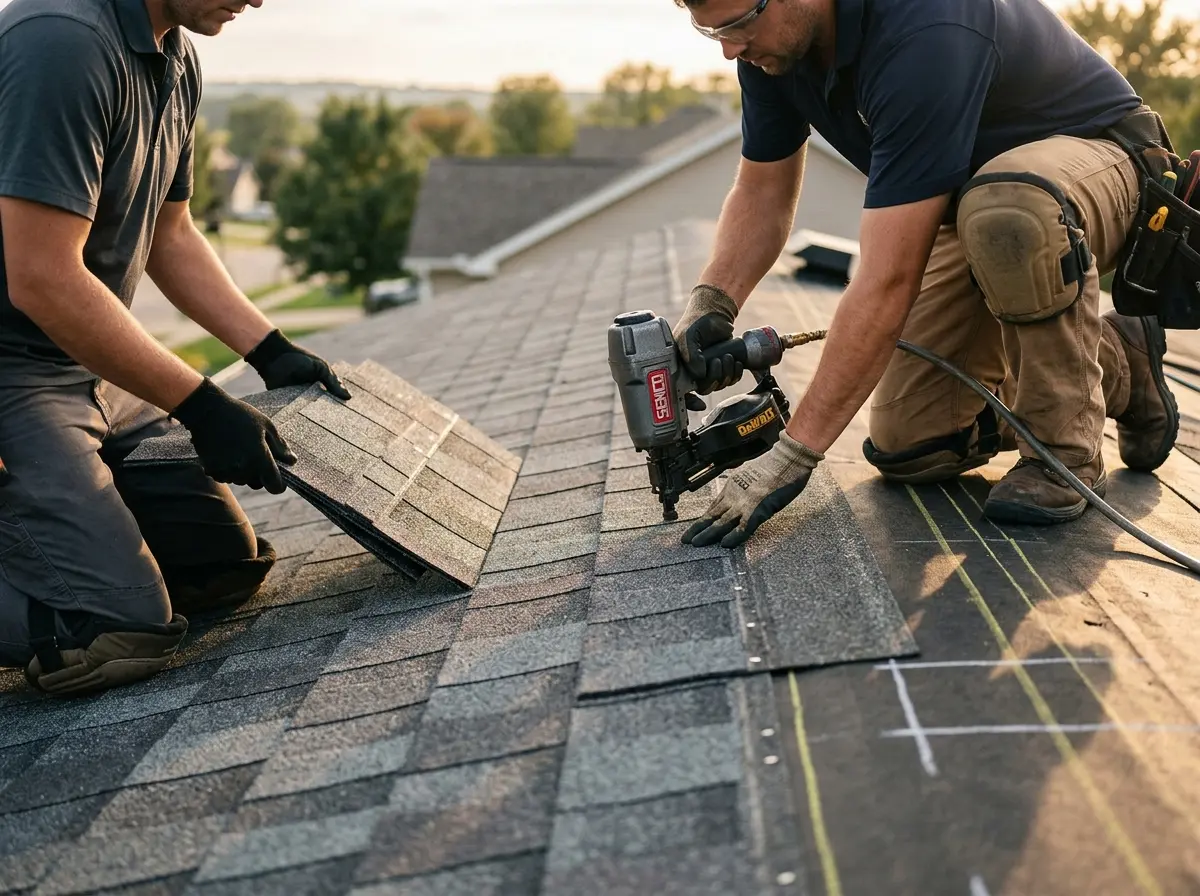 Professional roofer working on a residential roof in Woodside